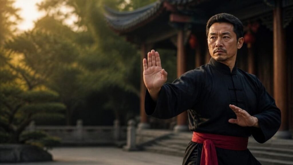 Kung fu instructor in traditional courtyard - Mindful Kung Fu Santa Clarita