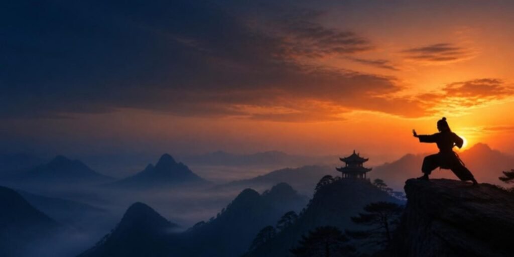 Mountain sunset with kung fu silhouette
