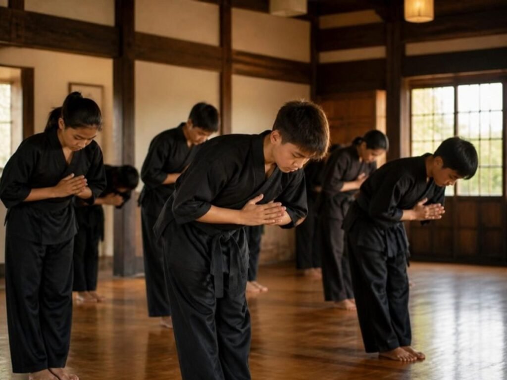 Teens bowing in kung fu class